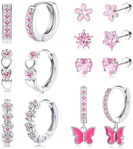 Diamday 7Paires Boucle d'Oreilles Enfants Fille Hypoallergénique Boucles d'Oreille Femmes Acier Inoxydable Boucles d'Oreilles Huggie Coeur CZ étoile Fleur Tragus Cartilage Piercing Rose Multicolore