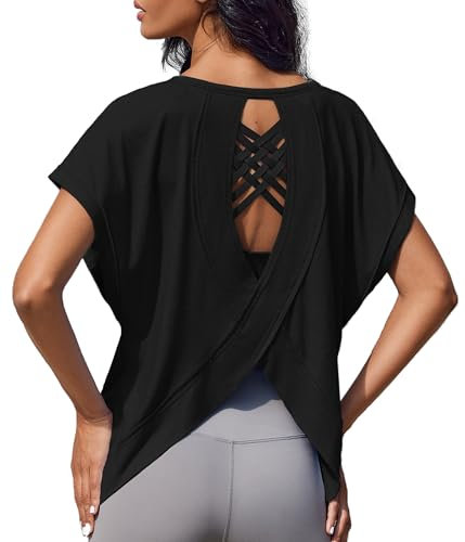 Weardear Sportshirt Damen Kurzarm Funktionsshirt Rückenfreies Laufshirt Loose Fit Sport Tshirt Atmungsaktiv Kurzarmshirt Gym Yoga Workout Fitness Oberteil Lang Sommer Schwarz XL