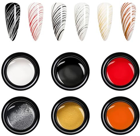6 Farbe Spider Gel Set für Nägel, Soak off UV LED Nagellack, Liner Nail Gel Polish für Nagel Design, 4 Farben Nagellack Gel Malen für DIY Nail Art Maniküre, Schwarz, Weiß, Gold, Silber, Rot, Orange