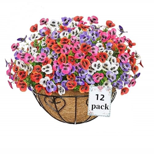 12 Bundles Artificial Flowers Outdoors Pansy Plants Fake Flowers Decor Eucalyptus Artificial Grass Shrubs Bushes UV Resistant Plastic Flowers Fern for Garden Porch Home (Red+Pink+White+Purple)