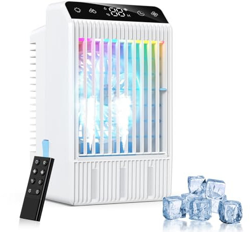 Klimaanlage Mobil mit Display, 1000 ml Tragbare Mini Klimaanlage, 4-in-1-Luftkühler, Fernbefeuchter Timing Klimagerät mit Dual-Spray & 7-Farben-Licht, 4 Geschwindigkeiten Camping Klimaanlage