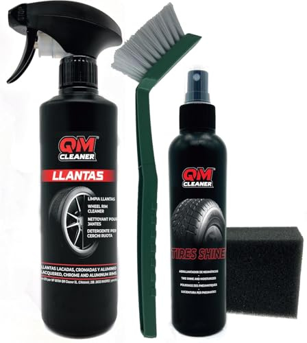 QM Cleaner Kit de Nettoyage et Lustrant pour Jantes et Pneus de Voiture | kit complet pour véhicule Comprend 500ml de Nettoyant pour Jantes, 200ml de Lustrant pour Pneu, une Brosse et une Éponge