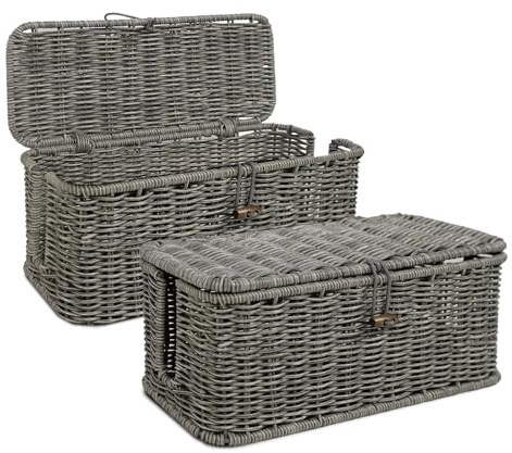 IXTRA 2-Pack Cable Management Box Set, Handwoven Rattan Cord Organizer, Decorative Cord Hider with Lid, Large Cable Organizer for Desk, TV Wires,Power Strips & Cords Grey