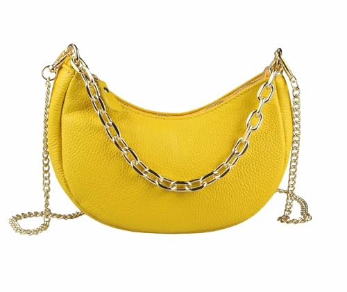 Made in Italy Damen Leder Tasche Pochette mit Kette Schultertasche Handtasche City Bag Umhängetasche Clutch Ledertasche Bodybag Schmucktasche Crossbody Cross-Over Gelb