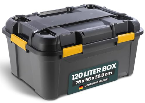 Kreher® Lagerbox Bunker Tough Aufbewahrungsbox mit Deckel und Silikondichtung (IP67/IPX7). Aus robustem Kunststoff in verschiedenen Größen. Ideal für feuchte Räume, Keller, Garage, Camping uvm. (120L)