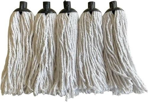 REQUISITE NEEDS Long Cotton Floor Mop with Detachable Head and Handle, Ergonomic Design, Includes 5 Cotton String Mop Heads, White