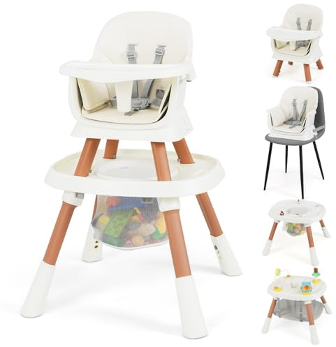 DREAMADE Multifunktionaler Hochstuhl Baby, Kinderhochstuhl höhenverstellbar mit doppelseitigem Tisch, verstellbarem Tablett & Korb, Sicherheitsgurt, Essstuhl für Kinder ab 6-36 Monaten (Weiß)