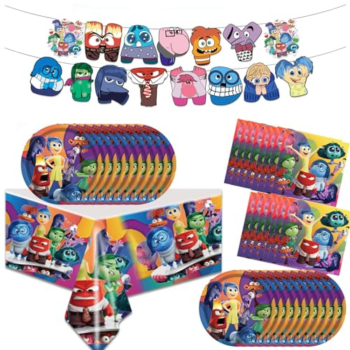 Inside Out Birthday Supplies, Cartoon Movie Party Tableware with Happy Birthday Banner, Tablecloth, Disposable Paper Plates with Napkins for Fans Party Decorations