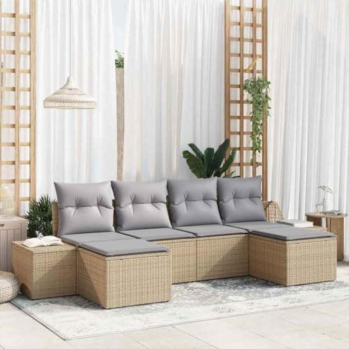 Bucmath Gartensofa-Set 6-teilig, Beige Poly-Rattan, Modulares Outdoor Möbel mit Kissen, Verstellbare Füße für Terrasse, Balkon