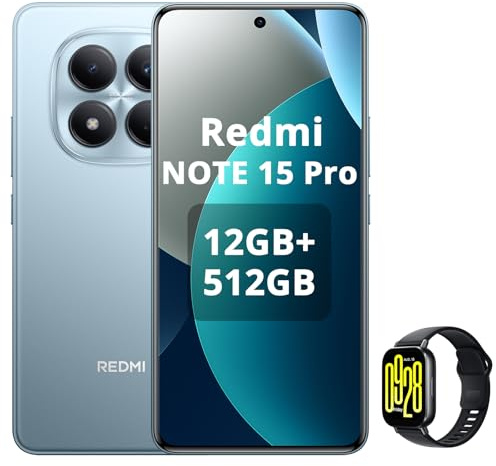 XIAOMI REDMI Note 15 Pro 4G - Smartphone de 12+512GB, batería de 6500 mAh, cámara de 200 MP, Pantalla AMOLED FHD+ de 6,77 Pulgadas, Azul Glaciar, Included Smart Watch