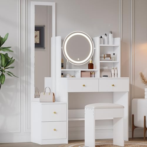 BTM 4-in-1 Schminktisch, Make-up Tisch, mit Ganzkörperspiegel und drehbarem Tischspiegel, Hocker, 3 Farben LED-Beleuchtung, Metallgriff, Weiß, Maße: H164 cm x B109 cm x T36 cm
