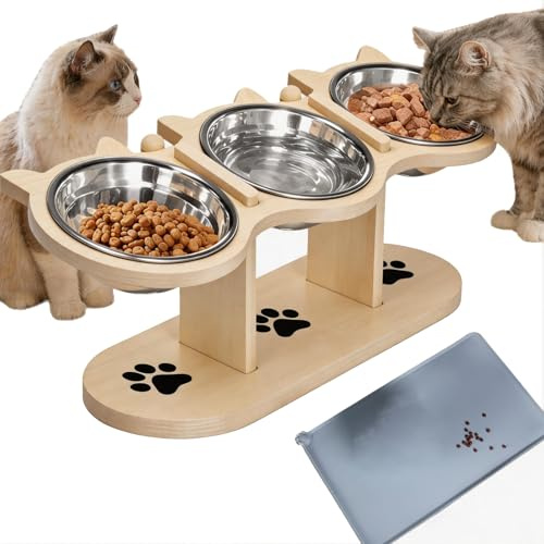 Mangeoire Surélevée Antidérapante à 3 Compartiments – Gamelle Chien Surélevée en INOX avec Tapis Antidérapant, Profondeur 4 cm Spécialement Conçue pour Les Moustaches de Chat (Yellow)