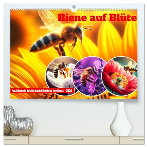 Biene auf Blüte - Faszinierende Details durch künstliche Intelligenz (hochwertiger Premium Wandkalender 2026 DIN A2 quer), Kunstdruck in Hochglanz: ... Intelligenz gestaltet. (CALVENDO Tiere)