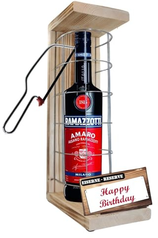 Happy Birthday - Eiserne Reserve - Ramazzotti 0,70L Säge - Gitter - witziges Geburtstag Geschenk, Schnaps Geschenk Idee für Mann und Frau, Geschenke zum Geburtstag