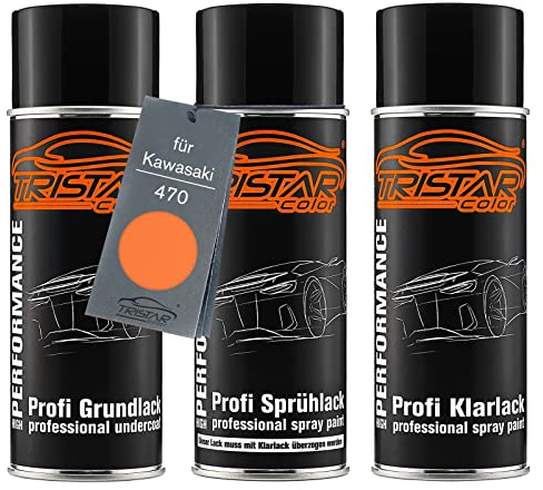 TRISTARcolor Peinture moto Kit bombes de peinture pour Kawasaki 470 Blazing Orange Perl Peinture de fond peinture de base vernis clair aérosol 400 ml