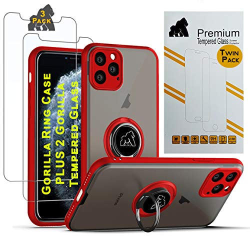 Gorilla Tech Funda de silicona para iPhone 11 Pro Max con soporte de anillo y protector de pantalla de cristal templado suave, ultrafina, antiarañazos, borde completo, paquete de 3 unidades de