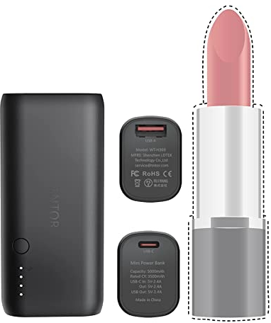TNTOR 5000mAh mini Power Bank, Ultra-Compact Portable Charger with USB C Input/Output, External Battery compatible with iPhone Samsung Galaxy and more (Black)