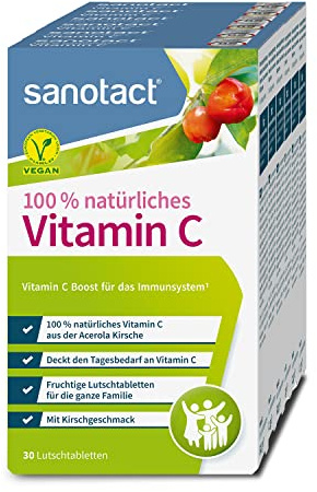 sanotact Vitamin C (6x30 Lutschtabletten) • Acerola Tabletten vegan • 100% natürliches für Kinder & Erwachsene • Hochdosiertes Vitamin C aus der Acerola-Kirsche