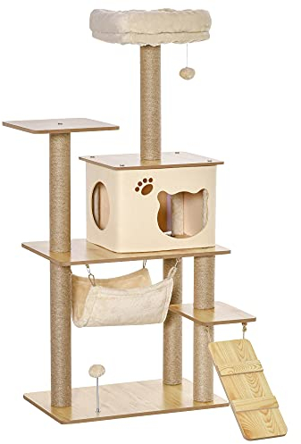 PawHut Árbol Rascador para Gatos Torre de Escalada con Plataformas Hamaca Escalera Cueva Postes para Rascar de Yute Bola Colgante Juego y Descanso 60x40x130 cm Beige