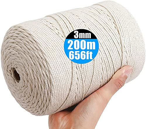 Mododo Corde Macramé 3mm x 200m, Fil Macrame Coton Naturel, Ficelle Corde pour Tressée DIY, Tapisserie de Plante Cintre de Drapeau Artisanat Suspendues Emballage Cadeau Décoration Murale