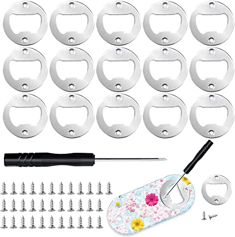 15 Sets Bottle Opener Inserts Kits,Stainless Steel Round Metal Inserts DIY Bottle Opener,With Screwdriver For Corkscrew Resin Mold Kit