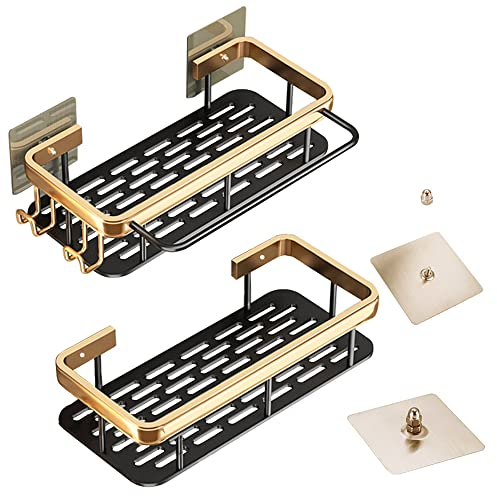 HEGEHE Duschregal Ohne Bohren, 2 Stück Duschkorb, Badezimmer Regal selbstklebendes mit Haken, Space Aluminium, Rostfrei Geeignet für Küche, Dusche, Badezimmer Organizer