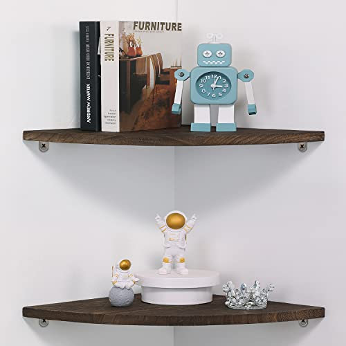 JORIKCHUO 30,5 cm Eck-Wandregal, 2 Stück Massivholz-Eckregale für Wand, rundes Ende, wandmontiertes schwebendes Eckregal für Schlafzimmer, Wohnzimmer und Küche (braun-30,5 cm)