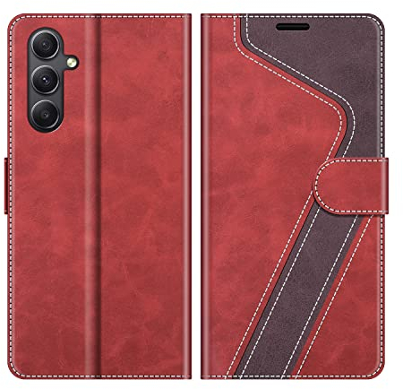MOBESV Hülle für Samsung Galaxy A34 5G Handyhülle, Lederhülle mit Kartenfach, Klapphülle mit Ständer, Flip Case Handytasche Schutzhülle, Modisch Rot