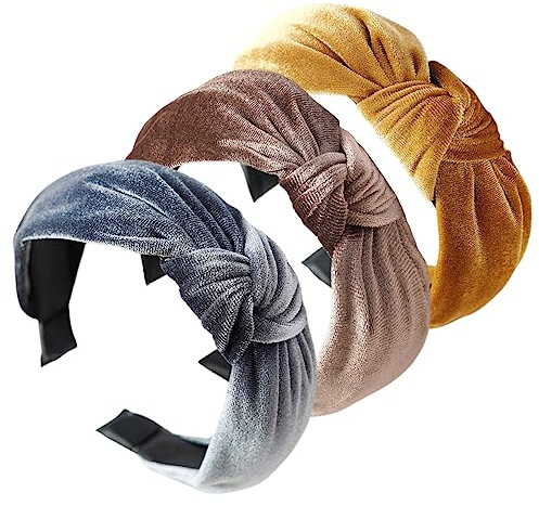 scicent Women's Fashion Headbands 3 Pcs Knot Hairbands for Girls Velvet Hair Band Accessories Elastic Head Wrap Wide Plain Head Bands (Grey, Yellow, Coffee) 12709