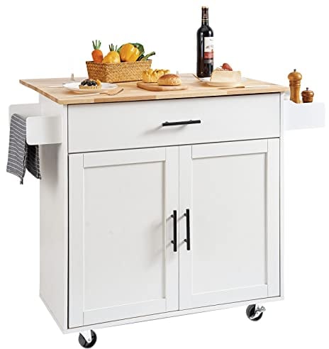 VEVOR Kitchen Island Cart with Solid Wood Top, 35.4 Width Mobile Carts with Storage Cabinet, Rolling Kitchen Table with Spice Rack, Towel Rack, Drop Leaf and Drawer, Portable Islands on Wheels, White