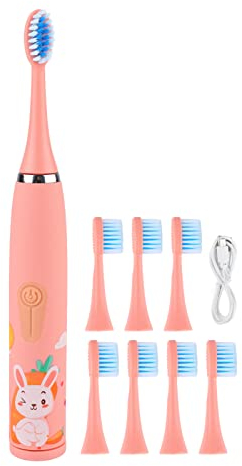 Elektrische Zahnbürste Für Kinder, Kinder Wiederaufladbare Zahnbürste, Elektrische Kinderzahnbürste 4 Gänge 8 Bürstenköpfe USB Aufladung elektrische Kinderzahnbürste für Kinder ab 3 Jahren(Rosa)