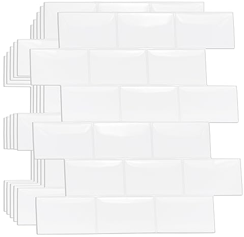 WALPLUS Upgrade Thicker 3D Tile Stickers Peel and Stick Backsplash Splashback Decals Tile Transfer for Kitchen Bathroom Living Room Stick on Tile Waterproof Pure White Glossy 40pcs 15.4x30.5cm