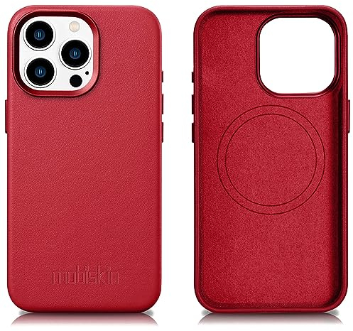 Mobiskin Hülle passend für iPhone 15 PRO MAX (6,7 Zoll), Handyhülle mit Leder, Case kompatibel mit MagSafe, Schutzhülle, Handytasche, Slim Cover, dünn, Rot