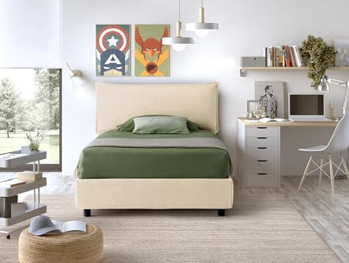 EVERGREENWEB Letto una Piazza e Mezza con Contenitore 120x195 cm Elegante Struttura Imbottita per Adulti e Ragazzi Rete a doghe in Legno Inclusa Moderna Testiera Rivestimento SFODERABILE Beige