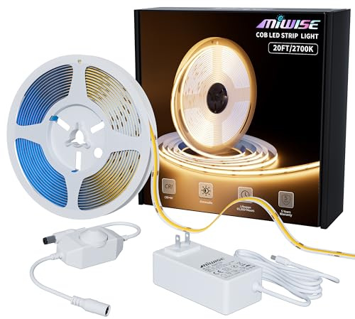 MIWISE COB LED Strip 20ft CRI 90+ Warm White 2700K High Lumens Dimmable Super Bright Flexible DC 24V LED Strip with Driver/Dimmer for Cabinets Home Office