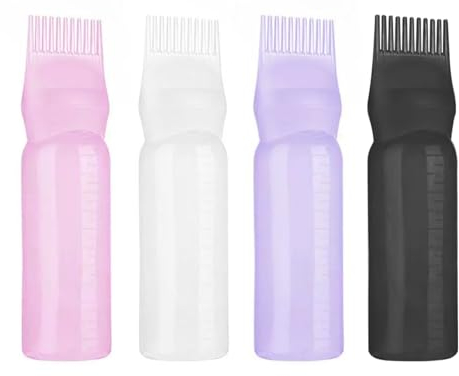 4 Stück Haaröl Applikator Flasche Haare, Wurzelkamm Hair Oil Applicator Bottle, Flasche mit Haarfärbebürste (Rosa, Weiß, Lila, Schwarz)