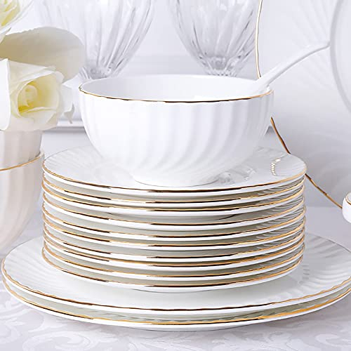 Juego de vajilla de 36 piezas, porcelana china de hueso blanco, juego de vajilla para servir la cena con platos, cuencos, platos y olla de sopa, servicio para 8 personas, apto para microondas y horno