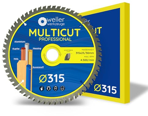 WELLERWERKZEUGE | Profi MULTICUT Kreissägeblatt Sägeblatt 315x30mm + 25mm 60 Zähne für Holz Kunststoff Aluminium passend für Akku Kreissäge Tischsäge für Makita Metabo Scheppach