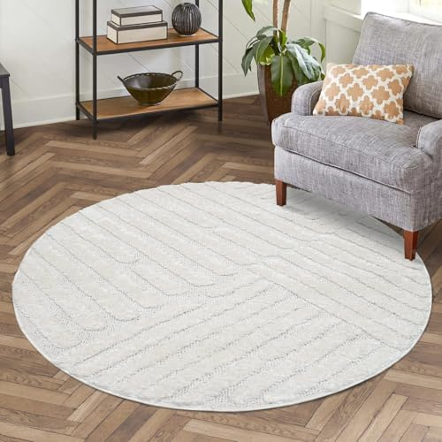 carpet city Teppich Wohnzimmer Hochflor Creme - 200 cm Rund - Hochtief-Muster, 3D-Effekt Streifen - Bettvorleger Schlafzimmer Teppiche Boho, Skandi