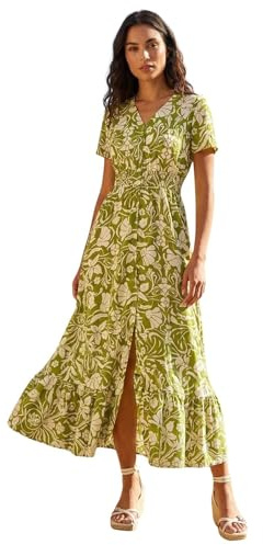 Roman Shirred Empire Waist Dress for Women UK Ladies Midi Maxi Summer Spring Tiered Frill Hem Short Sleeve V Neck Button Through Boho Bohemian Holiday Cruise Lime