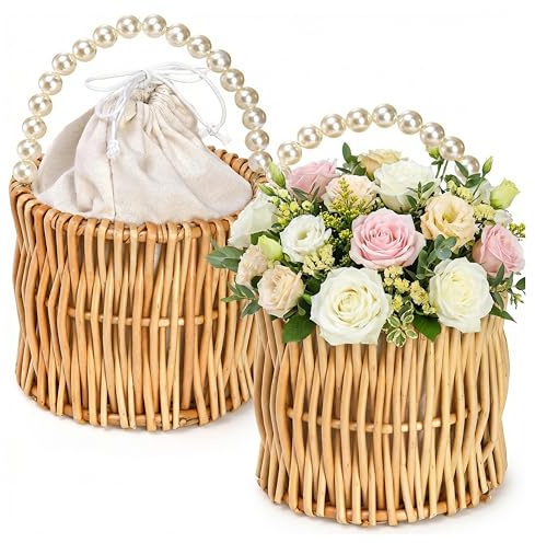 ZEAYEA 2 Pack Flower Girl Basket with Pearl Handle, Wedding Wicker Rattan Storage Basket, Boho Woven Small Flower Basket for Candy, Easter, Christmas, Home Decorations