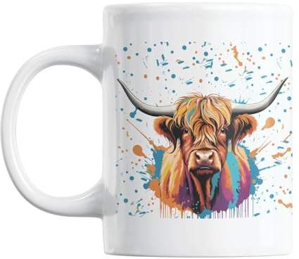 Gift Island Tasse à café et thé en céramique de qualité supérieure pour homme et femme – Cadeau aquarelle et vache écossaise – Tasse à café et thé en céramique de qualité supérieure – 350 ml