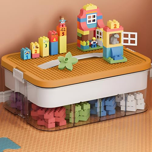 Accmuzzy Aufbewahrungsbox für Lego Bausteine,Kisten Spielzeug Aufbewahrung mit Deckel,Sortierboxen Kleinteile Stapelbar (Eine Ebene-Gelb)