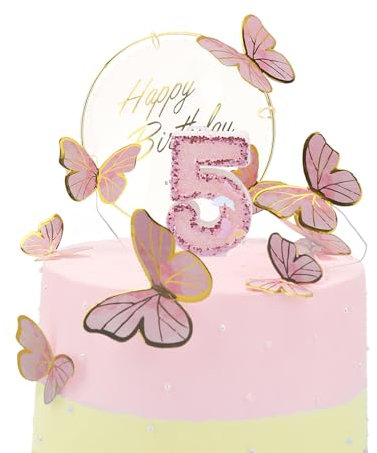 Bolosa Geburtstagskerzen Zahlen 5, Kerze 5. Geburtstag, Schmetterling Geburtstagskerzen, Geburtstagskerzen Kinder, Geburtstagskerzen fürTorte, Birthday Candles, mit Happy Birthday Tortendeko, Rosa