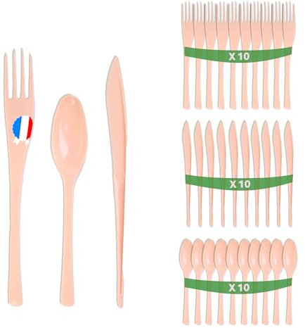 Set 30 couverts couleur ivoire en plastique dur - Fabriquée en France - Ménagère de 10 fourchettes, 10 couteaux, 10 cuillères - Réutilisables et recyclables - Passe au lave vaisselle - Table'Colors