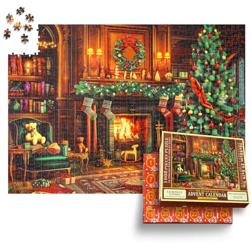 Alishomtll Adventskalender 2024 Puzzle 1008 Teile, 24 Boxen Weihnachten Puzzles für 24 Tage Weihnachts Countdown Kalender, Weihnachts Jigsaw Puzzle Geschenke für Erwachsene und Kinder, Kamin