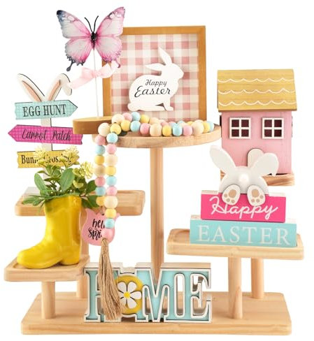 Spring Easter Decorations 8 Pieces Tiered Tray Decor Set, Cute Tabletop Easter Spring Décor for Home Shelf Mantel Fireplace Office Desk Coffee Bar Indoor Holiday Decoration Ornament Tray Objects