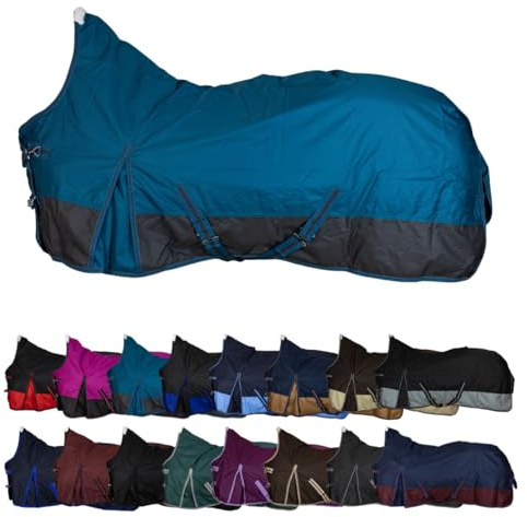 RL24 - Weidedecke High Neck Basicline 600D – Regendecke & Übergangsdecke – wasserdichte Outdoordecke mit Kreuzbegurtung – Pferdedecke in Petrol/Graphit – Größe 155cm (100g/m² Füllung)