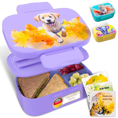 Mumaka Brotdose Kinder mit Fächern - auslaufsichere und robuste Snackbox mit Besteck, Bentobox für Schule, Kita & unterwegs mit sicherem Verschluss, praktische Lunchbox mit Motivationskarten