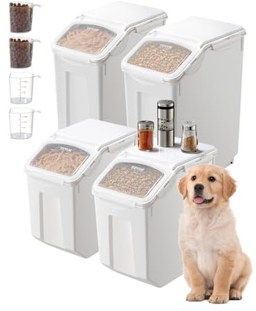 VEVOR Contenedor de Almacenamiento de Arroz, 15 L x 2 + 20 L x 2, para Cereales y Granos para Ingredientes de Cocina, para Mascotas con Ruedas, 4 Tazas Medidoras, 365 x 230 x 365 mm ± 10 mm, Blanco